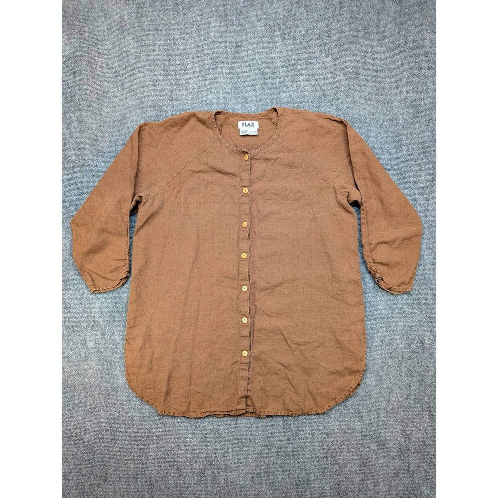 FLAX Linen Button Tunic Top Brown Casual Large Curve Hem Capsule Lagenlook Earth